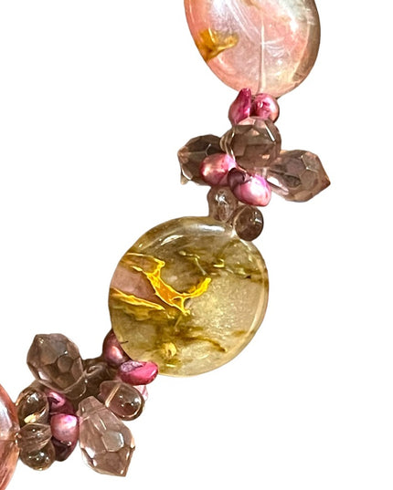 Stunning colorful faux Quartz Chunky stone disk pearl glass crystal necklace