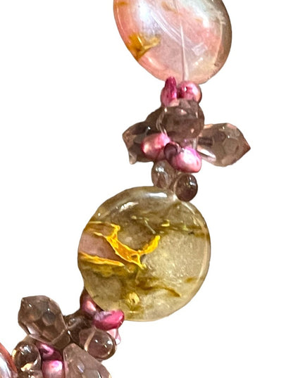 Stunning colorful faux Quartz Chunky stone disk pearl glass crystal necklace