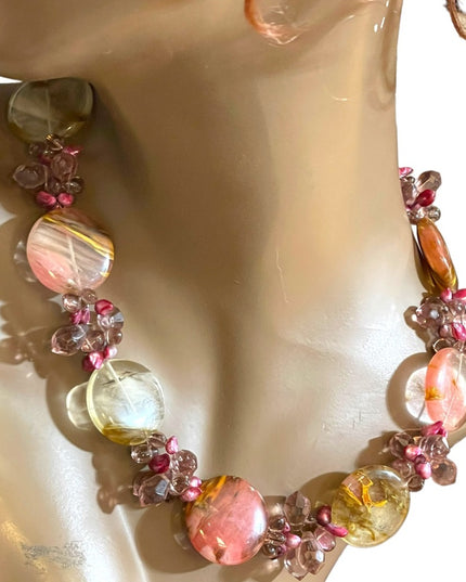 Stunning colorful faux Quartz Chunky stone disk pearl glass crystal necklace