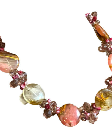 Stunning colorful faux Quartz Chunky stone disk pearl glass crystal necklace