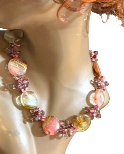 Stunning colorful faux Quartz Chunky stone disk pearl glass crystal necklace