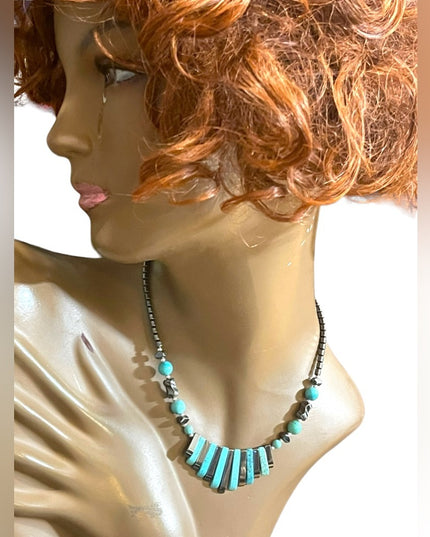 Beautiful Turquois & Hematite Bead Cleopatra necklace Southwestern style