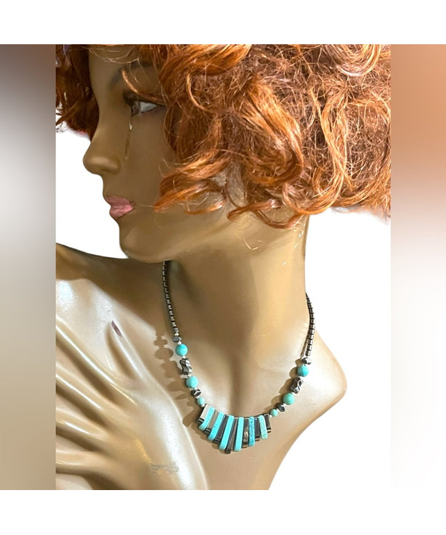 Beautiful Turquois & Hematite Bead Cleopatra necklace Southwestern style