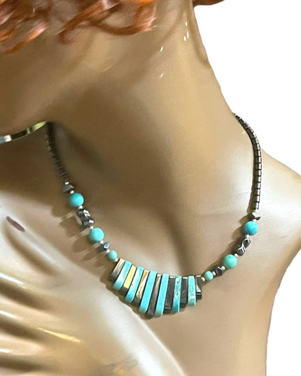 Beautiful Turquois & Hematite Bead Cleopatra necklace Southwestern style
