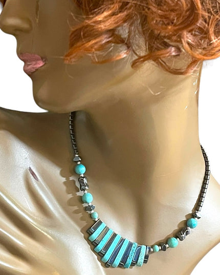 Beautiful Turquois & Hematite Bead Cleopatra necklace Southwestern style