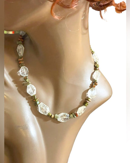 Beautiful handmade artisan clear quartz chunky bead unakite chip bead necklace