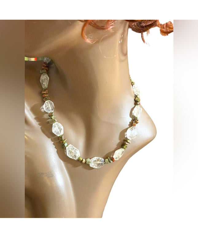 Beautiful handmade artisan clear quartz chunky bead unakite chip bead necklace