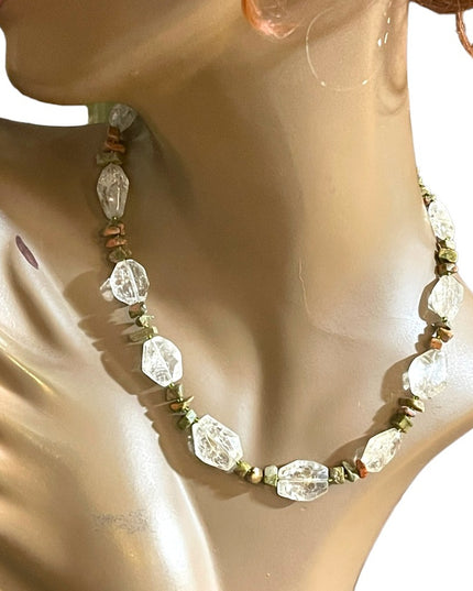 Beautiful handmade artisan clear quartz chunky bead unakite chip bead necklace
