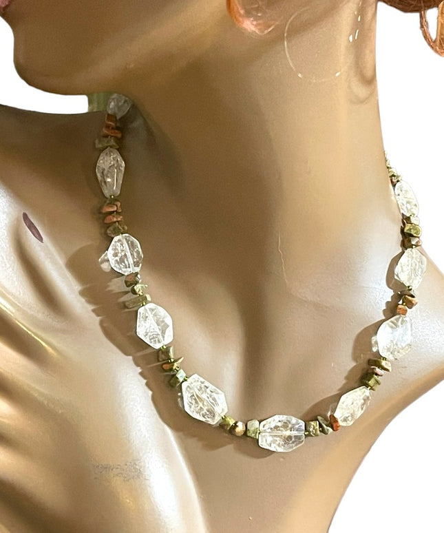 Beautiful handmade artisan clear quartz chunky bead unakite chip bead necklace