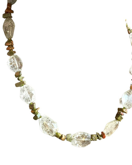 Beautiful handmade artisan clear quartz chunky bead unakite chip bead necklace