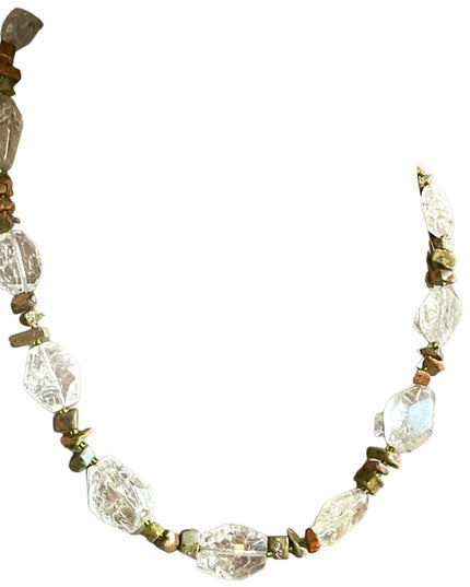 Beautiful handmade artisan clear quartz chunky bead unakite chip bead necklace