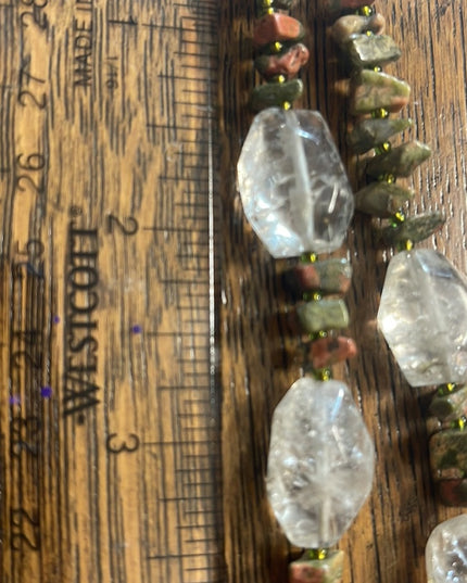 Beautiful handmade artisan clear quartz chunky bead unakite chip bead necklace
