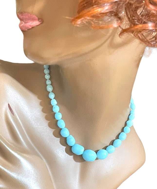 Antique handmade Lampwork sky baby Blue glass graduated bead necklace