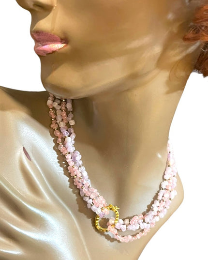 Vintage 1 2 or 4 strand convertible Amethyst & rose quartz bead gold necklace