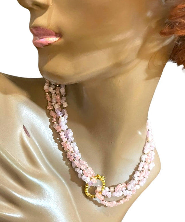 Vintage 1 2 or 4 strand convertible Amethyst & rose quartz bead gold necklace