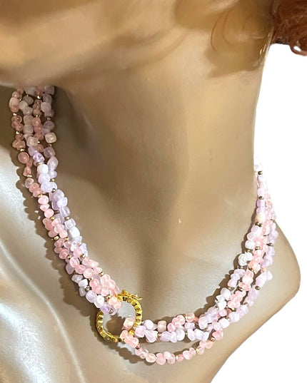 Vintage 1 2 or 4 strand convertible Amethyst & rose quartz bead gold necklace