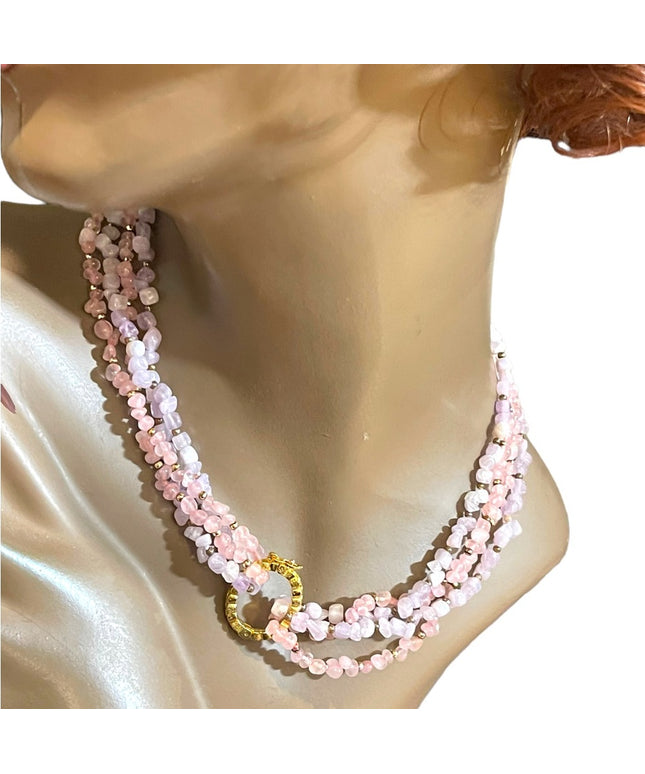 Vintage 1 2 or 4 strand convertible Amethyst & rose quartz bead gold necklace