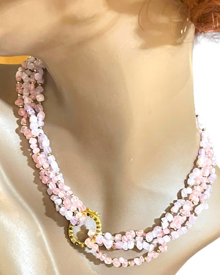 Vintage 1 2 or 4 strand convertible Amethyst & rose quartz bead gold necklace