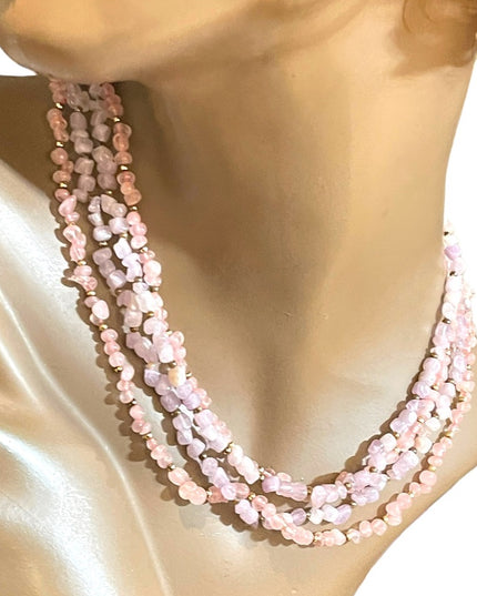 Vintage 1 2 or 4 strand convertible Amethyst & rose quartz bead gold necklace