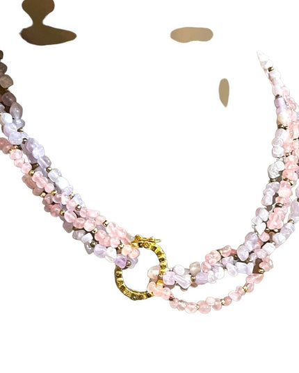 Vintage 1 2 or 4 strand convertible Amethyst & rose quartz bead gold necklace