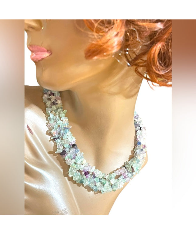 Choker Necklace Rainbow fluorite stone chip chunky handmade import Necklace