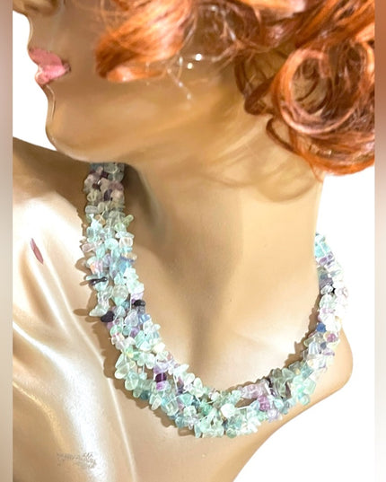 Choker Necklace Rainbow fluorite stone chip chunky handmade import Necklace