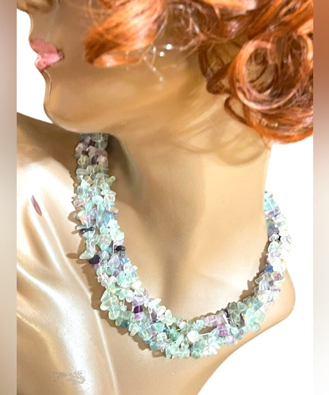 Choker Necklace Rainbow fluorite stone chip chunky handmade import Necklace