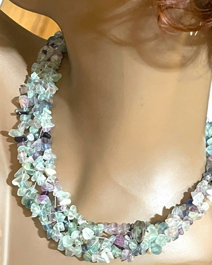 Choker Necklace Rainbow fluorite stone chip chunky handmade import Necklace