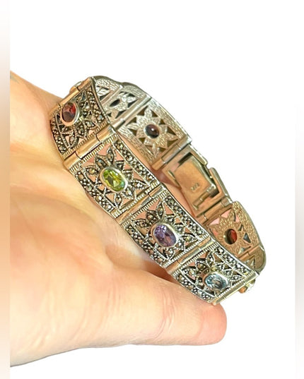 Stunning sterling silver 925 Marcasite multi gemstone ornate link bracelet