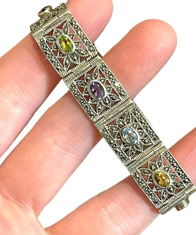Stunning sterling silver 925 Marcasite multi gemstone ornate link bracelet