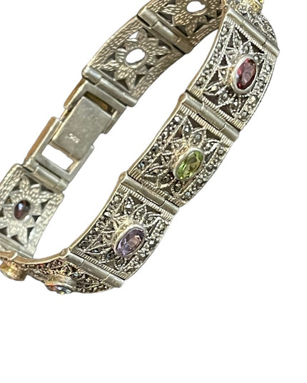 Stunning sterling silver 925 Marcasite multi gemstone ornate link bracelet