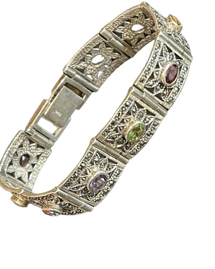 Stunning sterling silver 925 Marcasite multi gemstone ornate link bracelet
