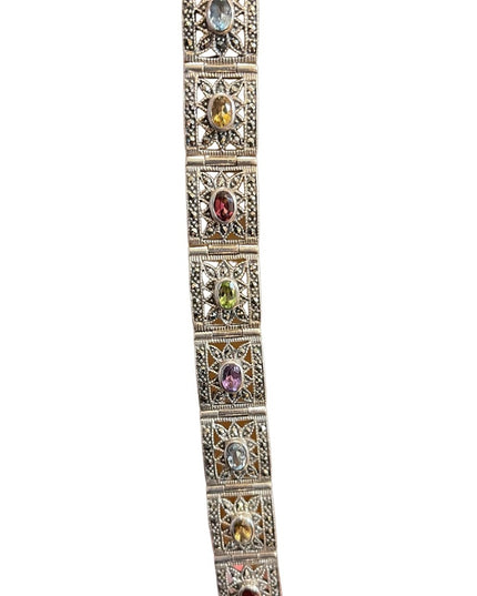 Stunning sterling silver 925 Marcasite multi gemstone ornate link bracelet