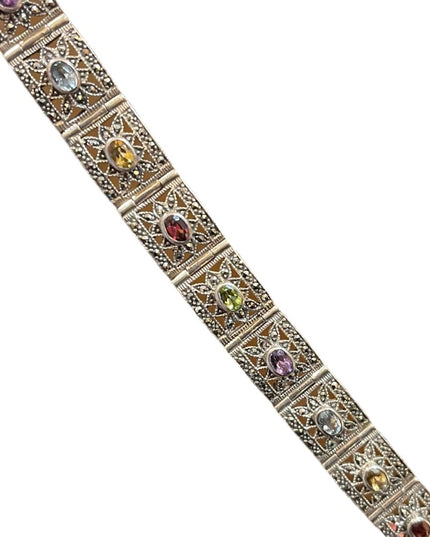 Stunning sterling silver 925 Marcasite multi gemstone ornate link bracelet