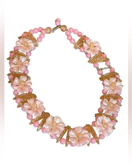 Vintage 1960s pastel Pink flower fancy link party summer choker necklace