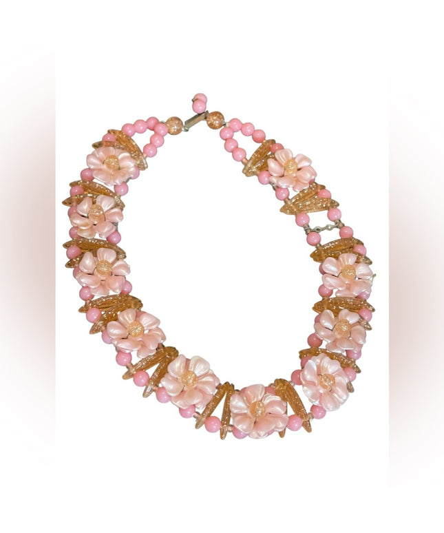 Vintage 1960s pastel Pink flower fancy link party summer choker necklace