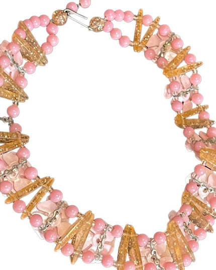 Vintage 1960s pastel Pink flower fancy link party summer choker necklace