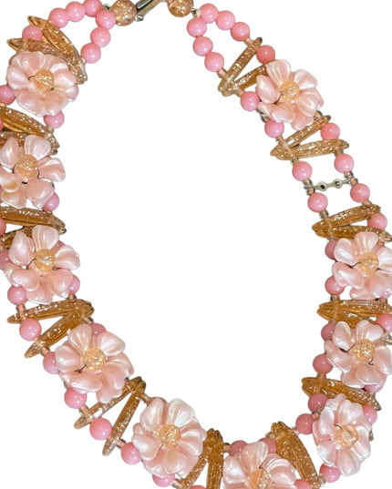 Vintage 1960s pastel Pink flower fancy link party summer choker necklace