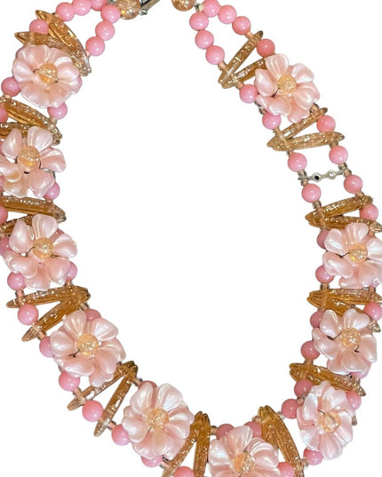 Vintage 1960s pastel Pink flower fancy link party summer choker necklace