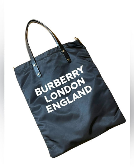 BURBERRY Nylon London England Print Logo Flat Tote Bag Black Authentic shopper