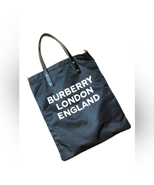 BURBERRY Nylon London England Print Logo Flat Tote Bag Black Authentic shopper