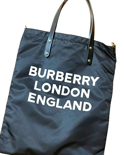 BURBERRY Nylon London England Print Logo Flat Tote Bag Black Authentic shopper