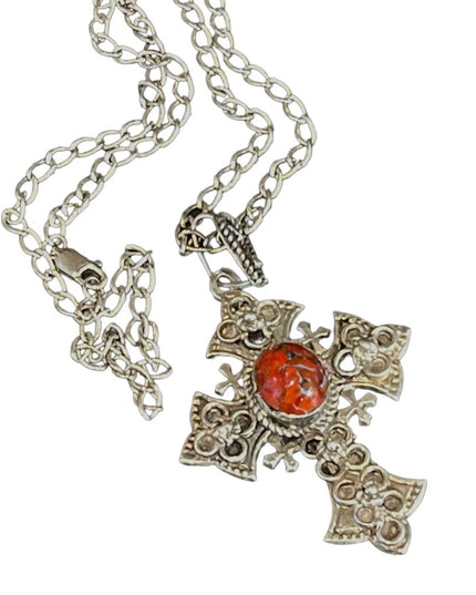Vintage Sterling silver 900 Jerusalem cross with stone necklace etched handmade