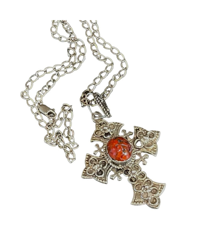 Vintage Sterling silver 900 Jerusalem cross with stone necklace etched handmade