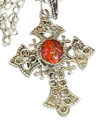 Vintage Sterling silver 900 Jerusalem cross with stone necklace etched handmade