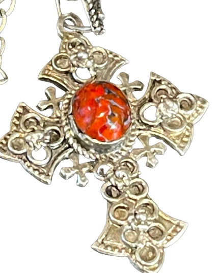 Vintage Sterling silver 900 Jerusalem cross with stone necklace etched handmade