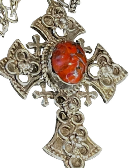 Vintage Sterling silver 900 Jerusalem cross with stone necklace etched handmade