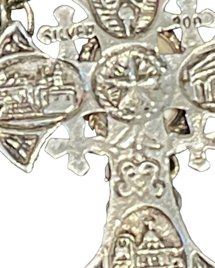 Vintage Sterling silver 900 Jerusalem cross with stone necklace etched handmade