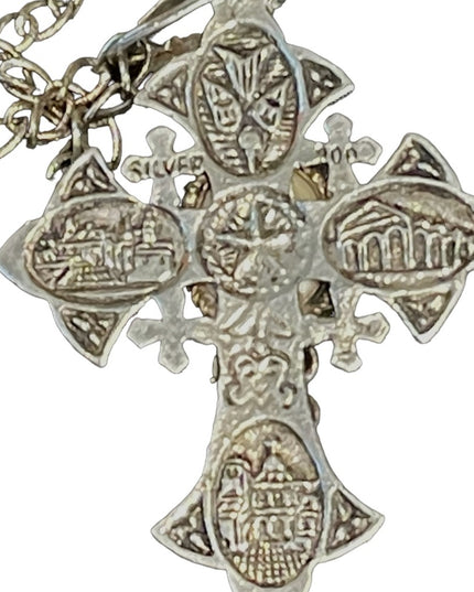 Vintage Sterling silver 900 Jerusalem cross with stone necklace etched handmade