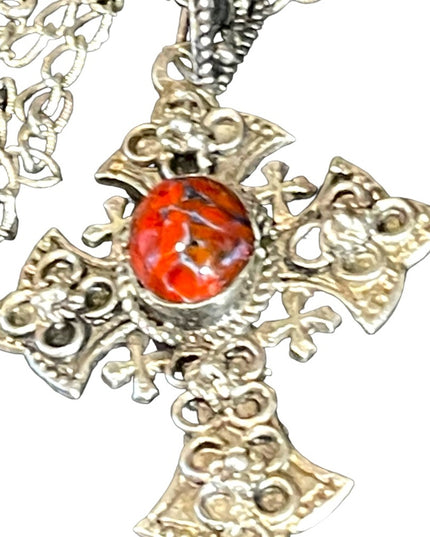 Vintage Sterling silver 900 Jerusalem cross with stone necklace etched handmade